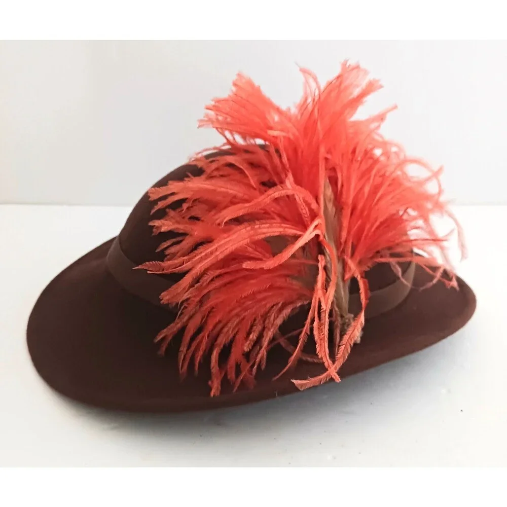 VTG Miss Rose Brown Felt Wool Hat Orange Feather Plume Trim O/S